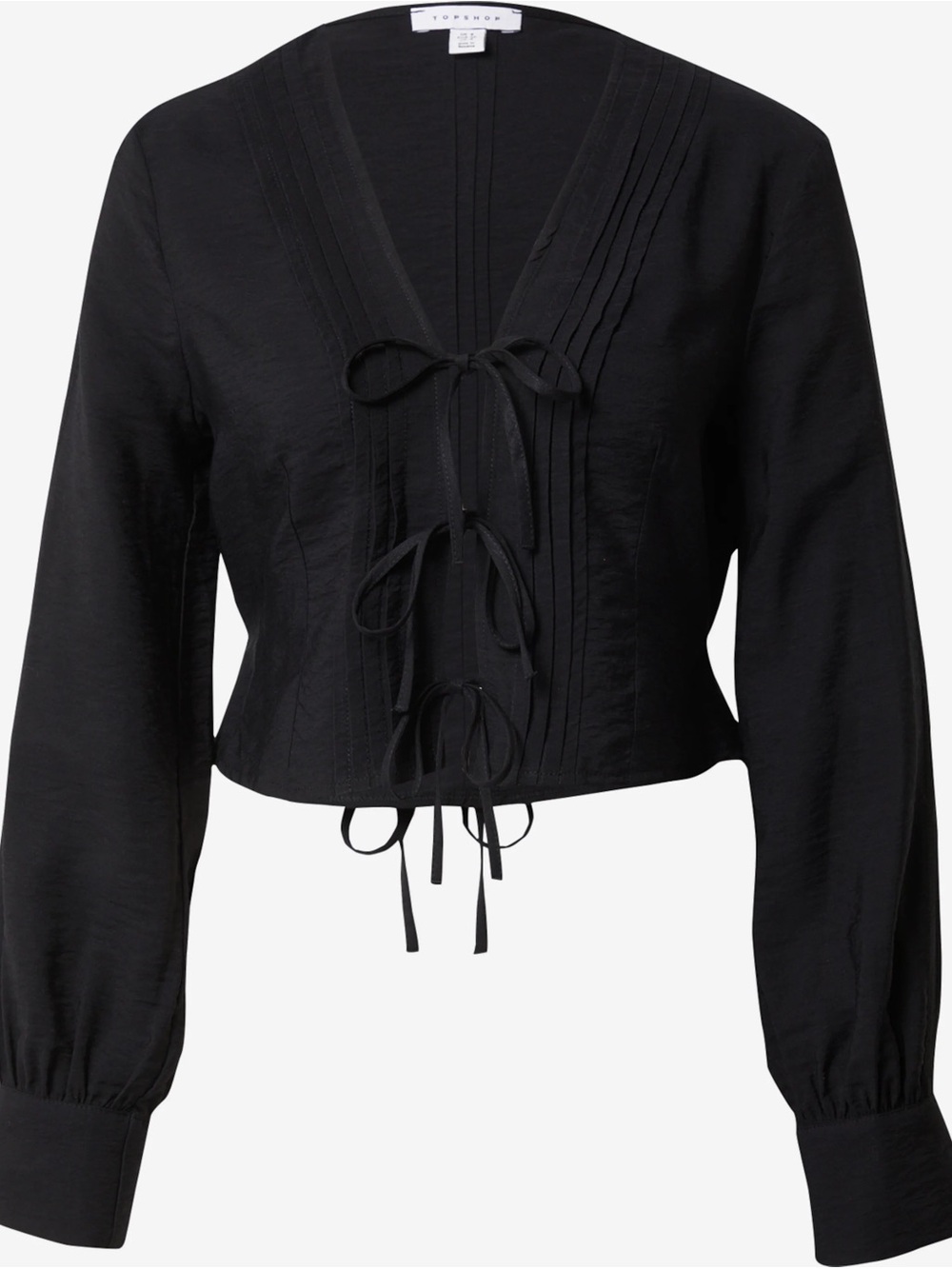 Topshop Black Tie-Front Pintuck Crop Blouse